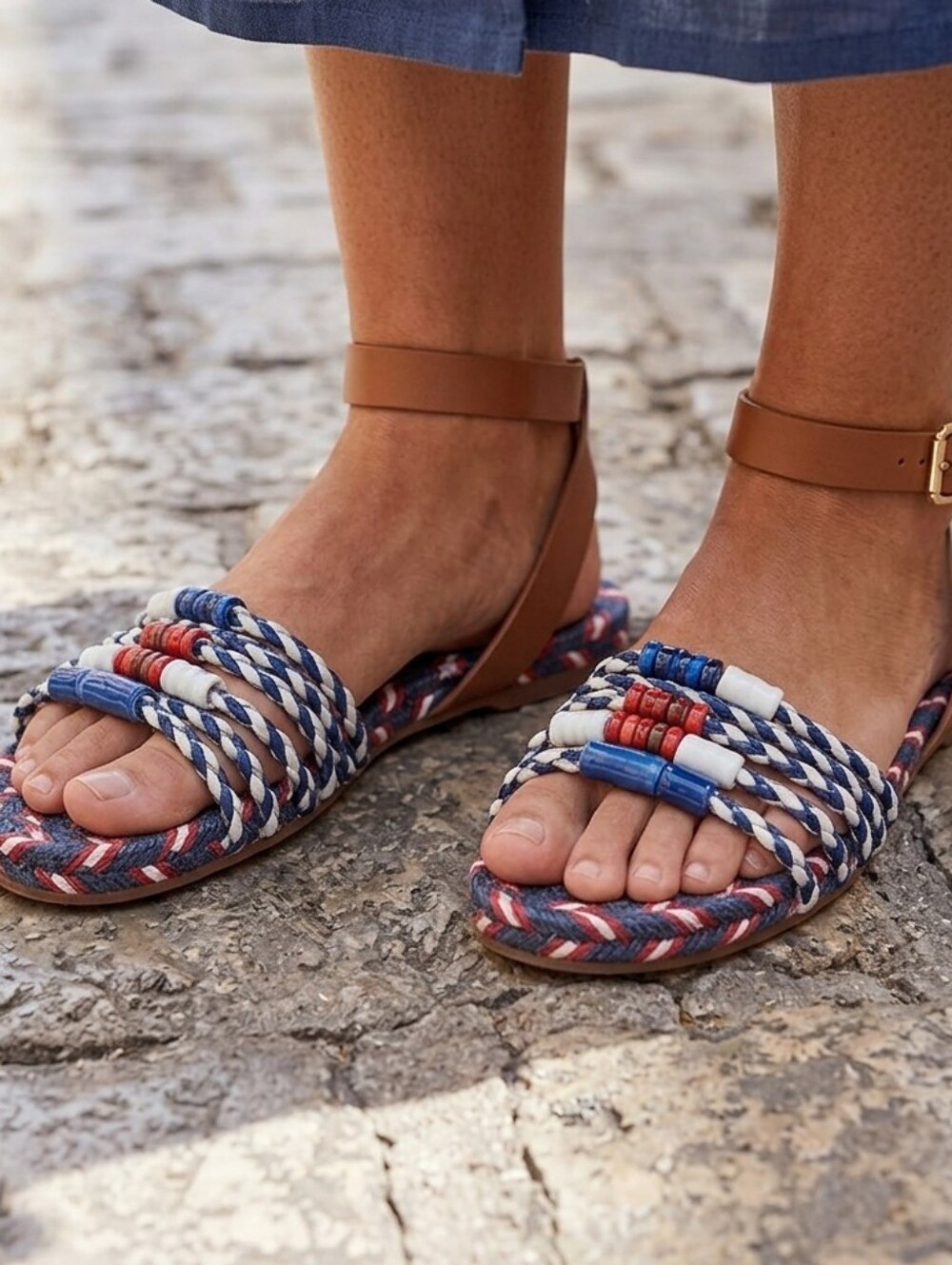 {Tory Burch} Nautical Flat Sandals - Red White Blue - Size 10.5
